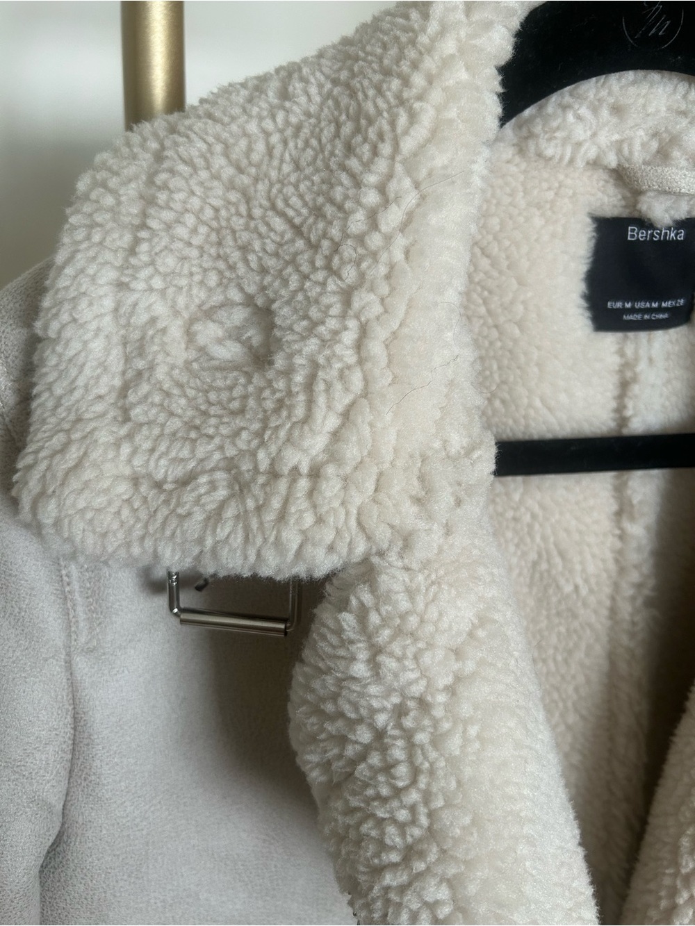 Bershka Cream Sherpa Faux Suede Moto Jacket Shearling Biker Coat Size M - Picture 5 of 10